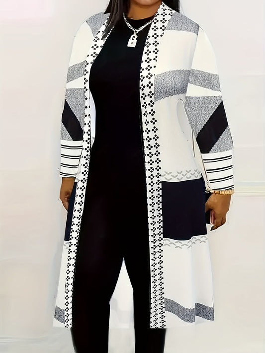 V-neck cardigan for plus size women, color block print, long sleeve, midi length, 95% polyester, 5% spandex, medium stretch, knit fabric, ideal for fall/winter.