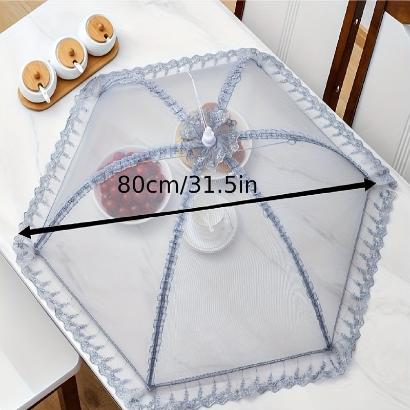 Foldable dish cover for fly-proof protection of food indoors and outdoors. Great for home kitchens, outdoor parties, picnics, and barbecues. Suitable for covering vegetables and leftovers.