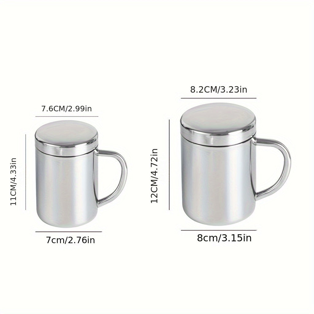 Stainless steel coffee mug with lid, double-wall insulation, versatile drinkware, ideal gift.