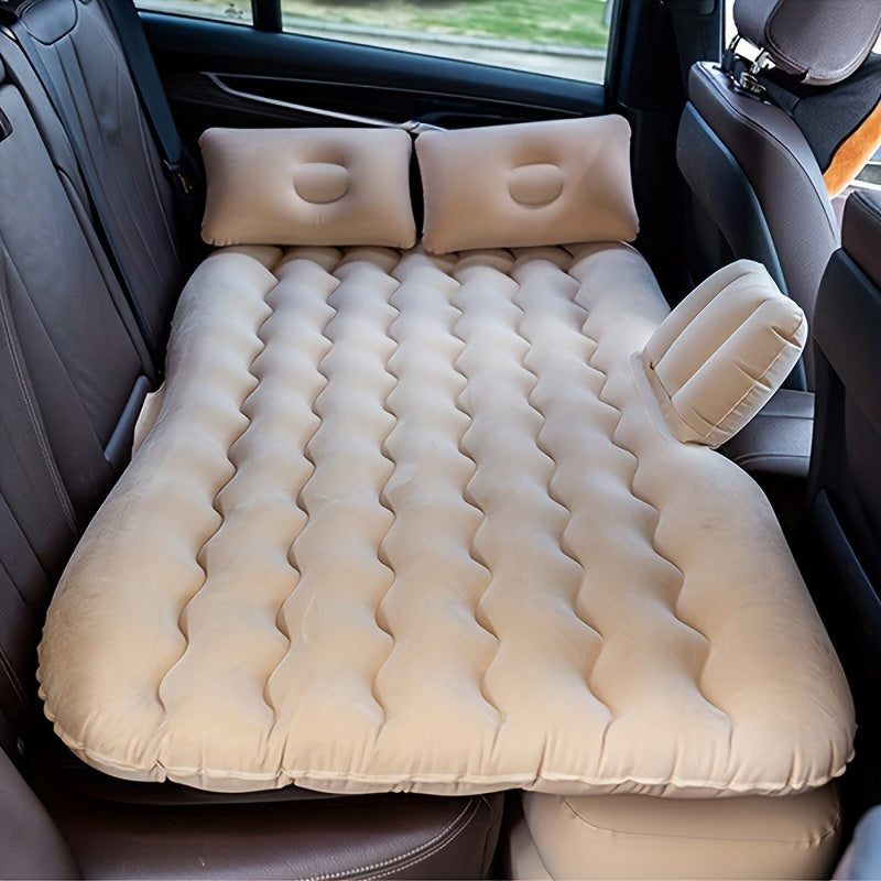 PVC self-inflating air mattress for vehicle rear seat, single person, includes stuff pouch, no repair kit required.