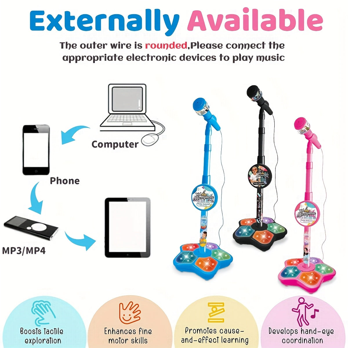 Portable LED karaoke microphone toy with adjustable stand for kids ages 3-6. Ideal for birthday parties and concert gifts.