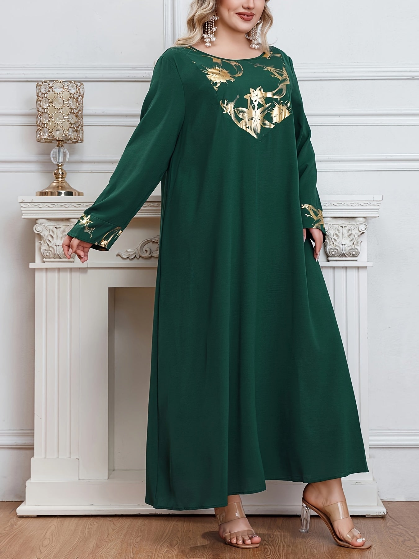 Elegant Plus Size Tunic Dress in Middle Eastern Style, 100% Polyester, Crew Neck with Random Print.