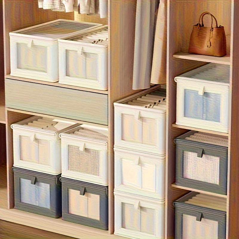 Rectangle fabric storage box with clear window, flip top closure and foldable lid for home organization.