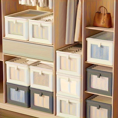 Rectangle fabric storage box with clear window, flip top closure and foldable lid for home organization.