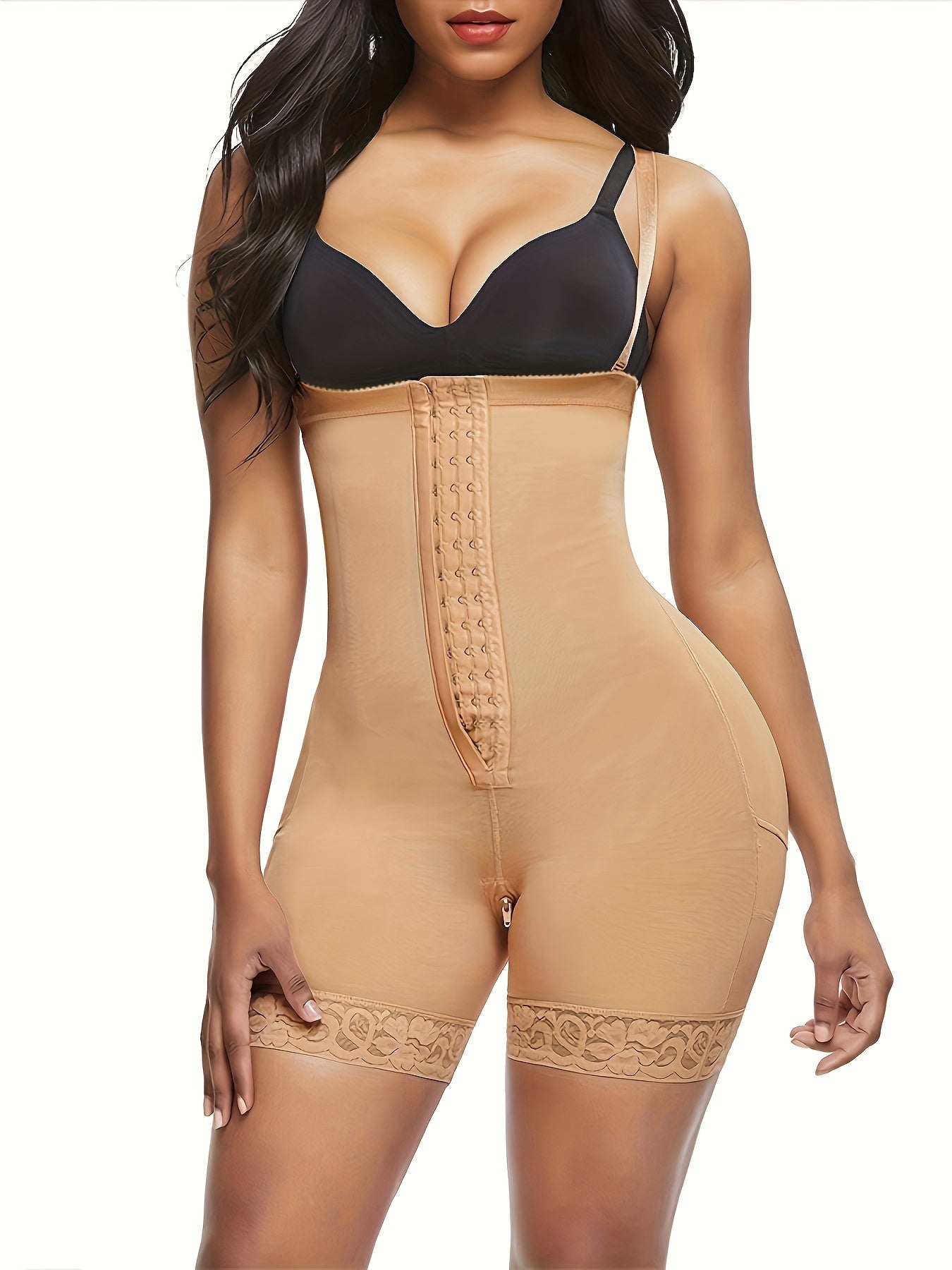 Black body shaper for women with straps, high-waist thigh slimmer, tummy control, butt lifter, lace trim, seamless slimming shorts.