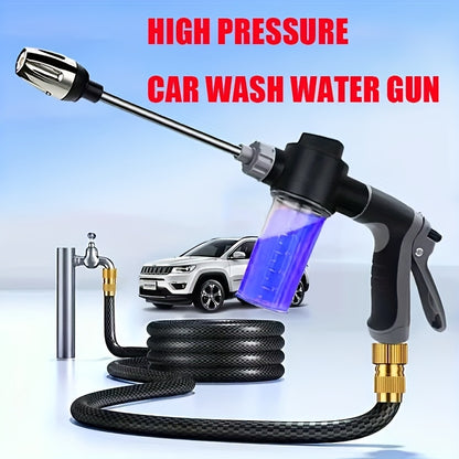 A high-pressure car wash gun with multifunctional garden hose nozzle, adjustable thickened rod sprayer with copper-plated tip, and universal 3/4" and 1/2" quick connect adapters for