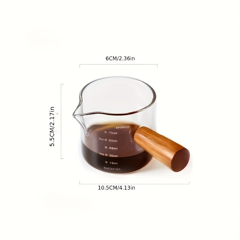 Premium Borosilicate Glass Coffee Cup with Wooden Handle - Dual Spout, Transparent Milk Jug with Measurement Marks for Use at Home or in Restaurants