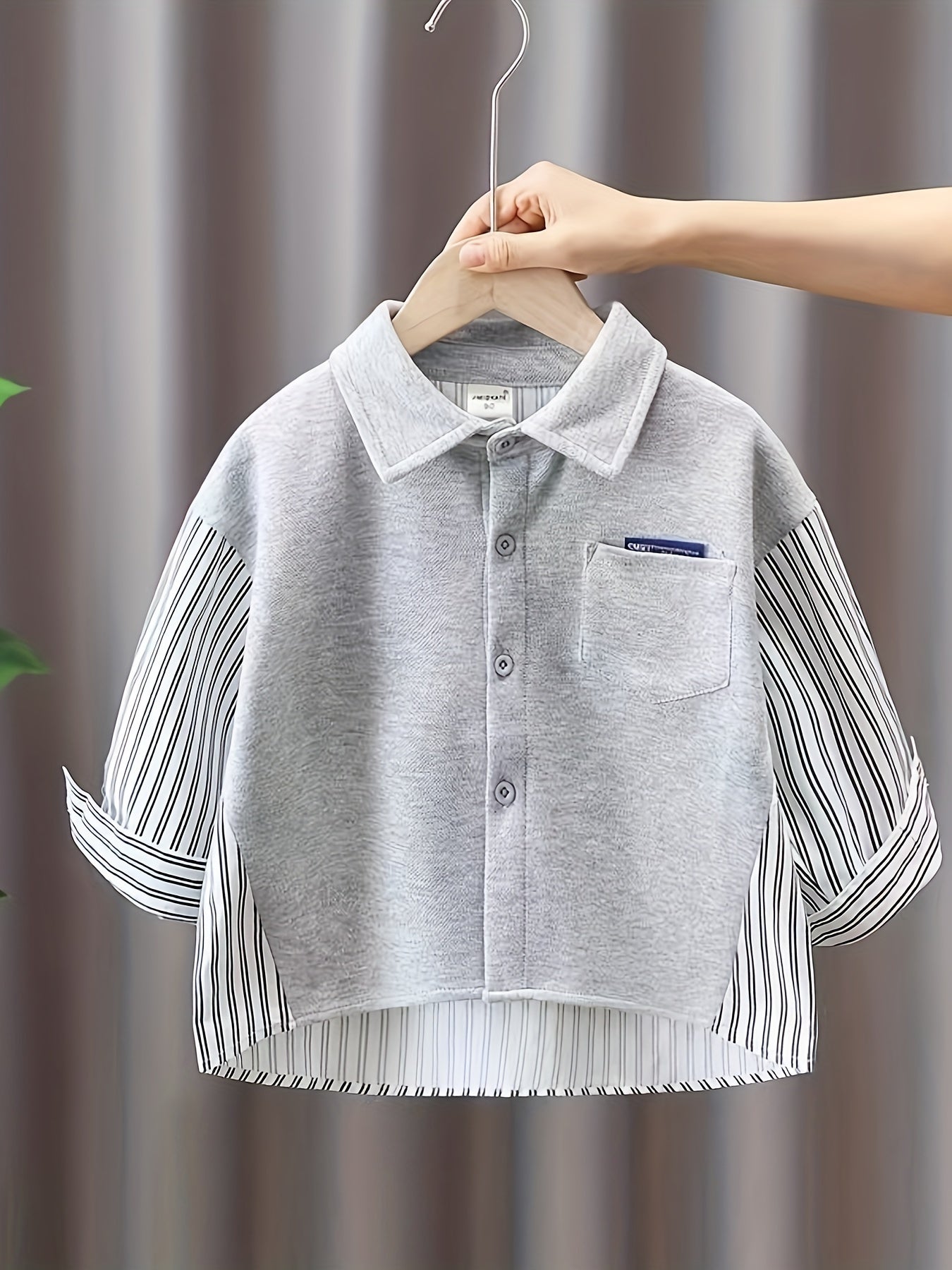 2-Pack of boys' cotton striped long sleeve shirts with collared button-up style, pockets, and loose fit for spring/autumn.