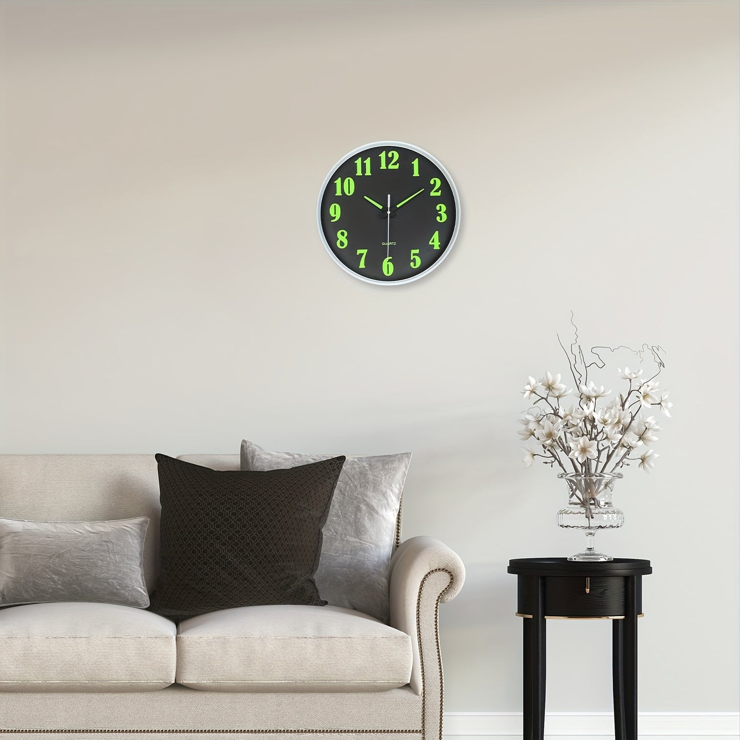 Constantplanet 8-inch European wall clock with luminous green numerals, silent operation, and battery-powered. Ideal for living rooms, dining rooms, bedrooms, and outdoor decor.