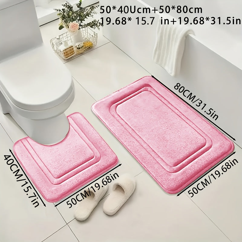 Two coral fleece bath mats, absorbent and non-slip, made from soft polyester knit fabric, 530gsm, 1.3cm thick, suitable for tub, shower, and bathroom decor.