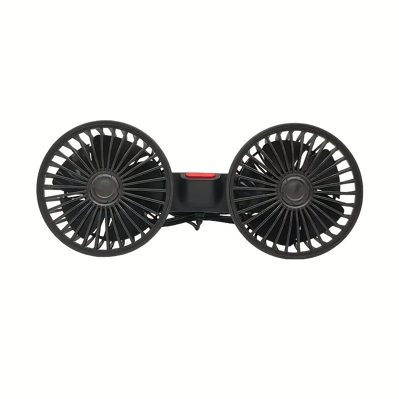 This car fan features dual-head rear fans that provide powerful airflow with 3-speed settings and 5 blades. It has an adjustable angle with 360-degree rotation for high air volume and low noise operation. The fan effectively promotes air circulation