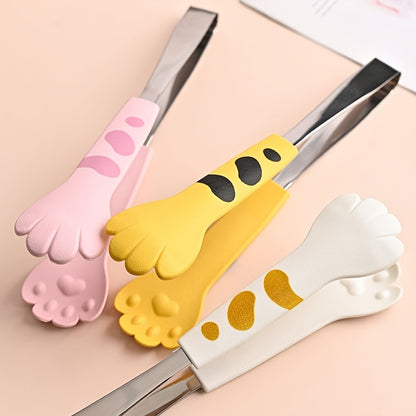 Cat paw shaped stainless steel tongs for various kitchen tasks.