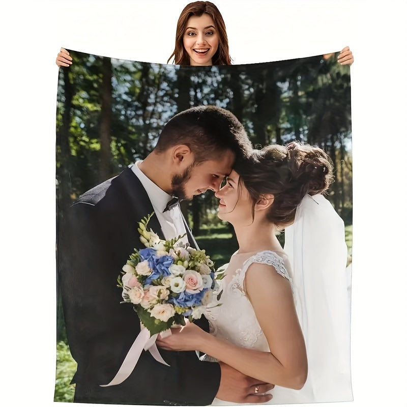 Get cozy with a custom photo print flannel fleece blanket in a contemporary style. This all-season blanket is made from 200-250g polyester and features a digital print. Use it as a cozy bed throw or a perfect gift for home and kitchen decor.