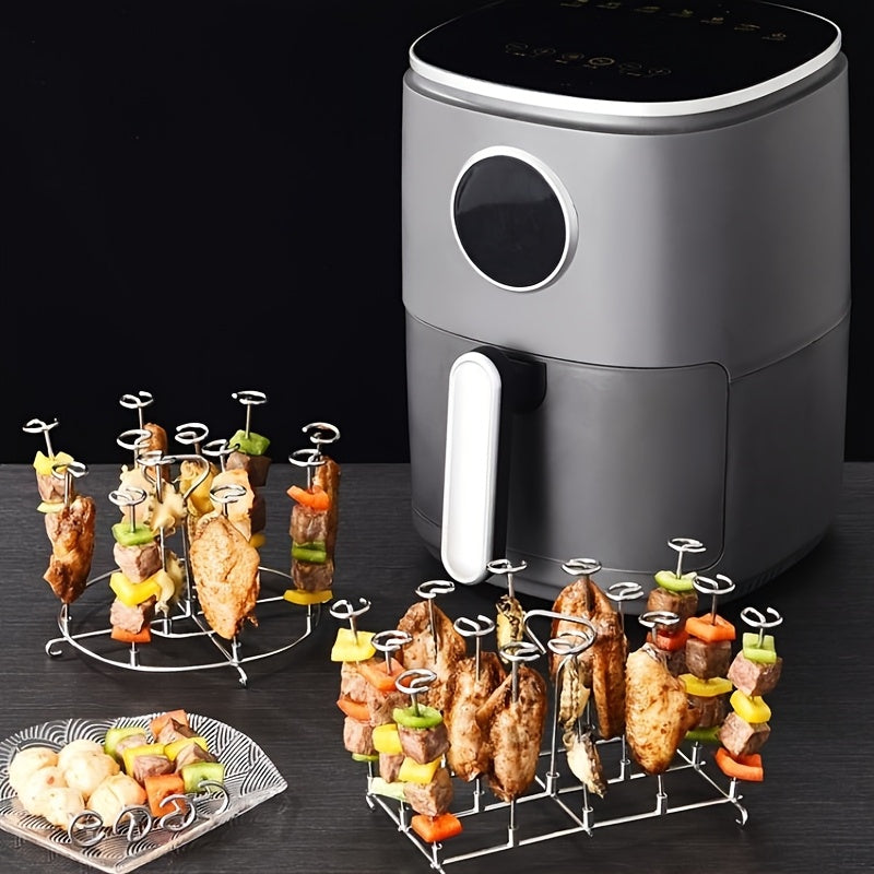 Vertical Air Fryer BBQ Grill made of 12-Skewer Stainless Steel, a Food-Safe Kitchen Accessory compatible with 3.2QT-6QT Air Fryers, featuring an Easy Clean Design.