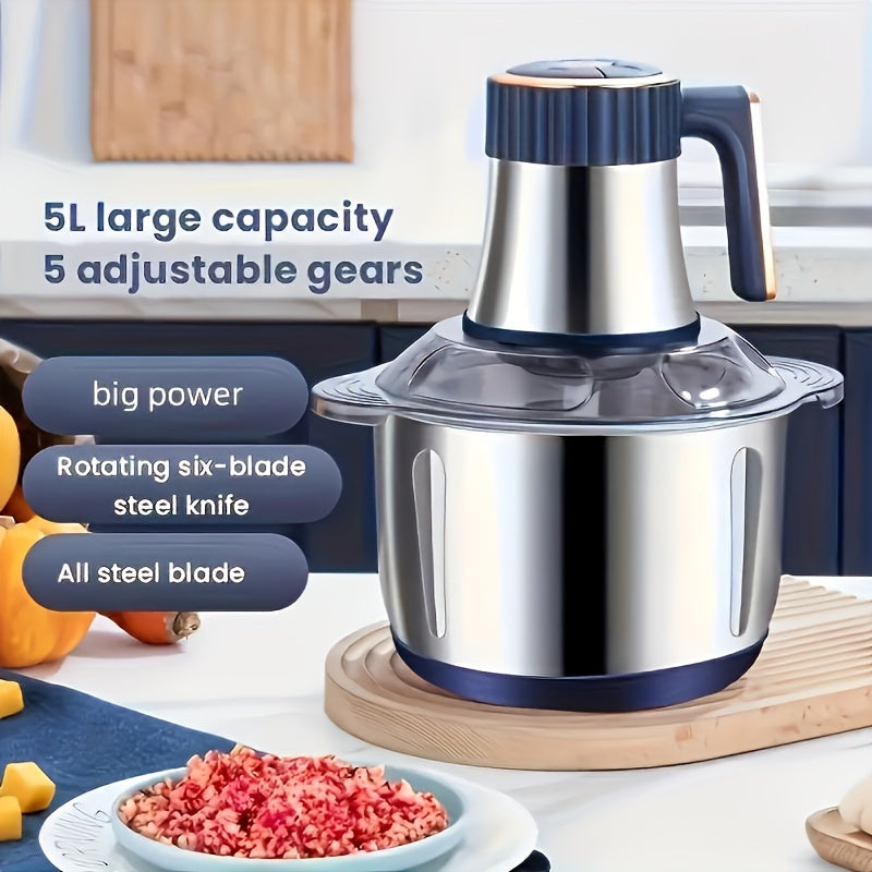 Electric vegetable chopper and meat grinder, ideal for quick food prep with adjustable speeds and easy cleaning.