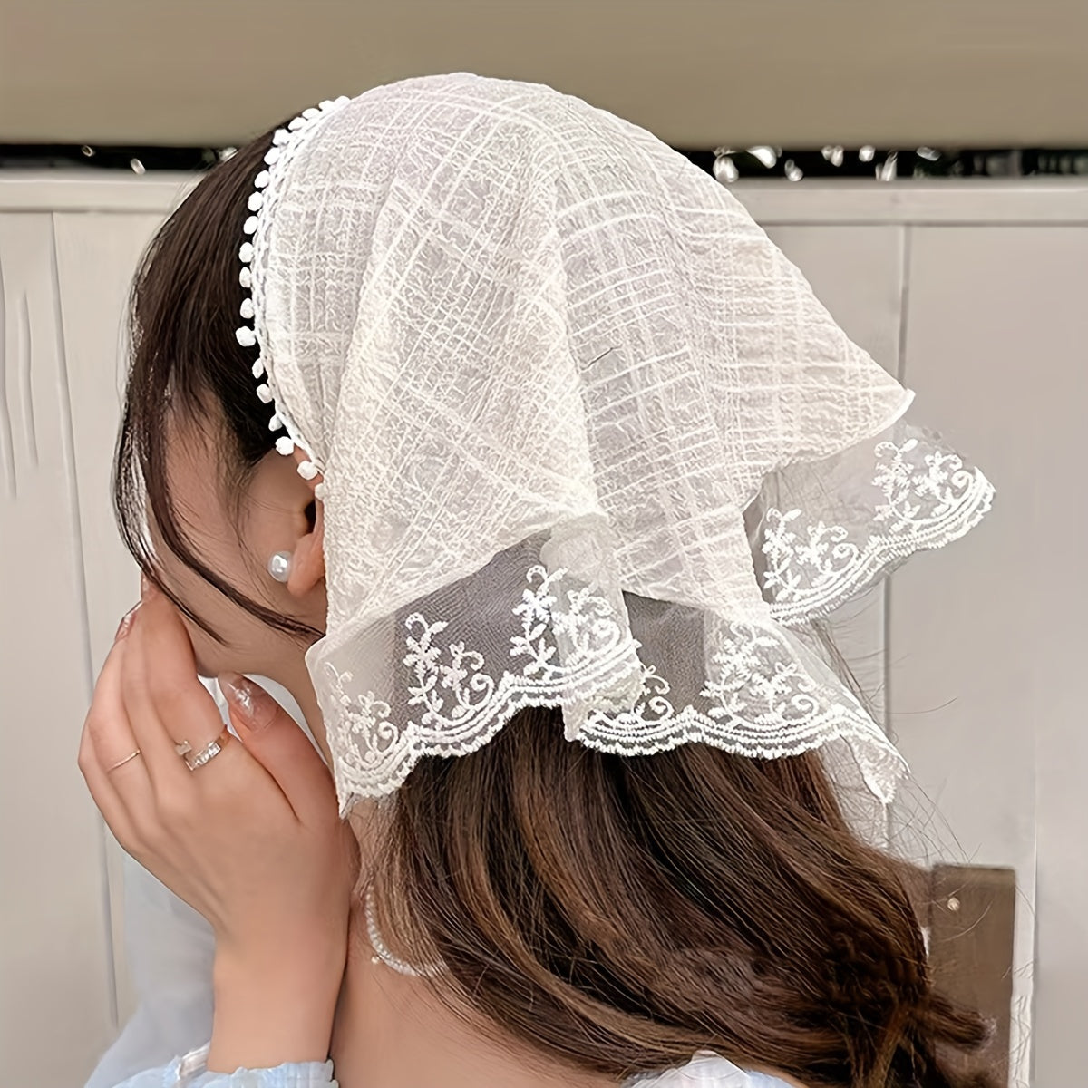 Chic lace knit triangle scarf doubles as sun protection headband for women, perfect for summer style.