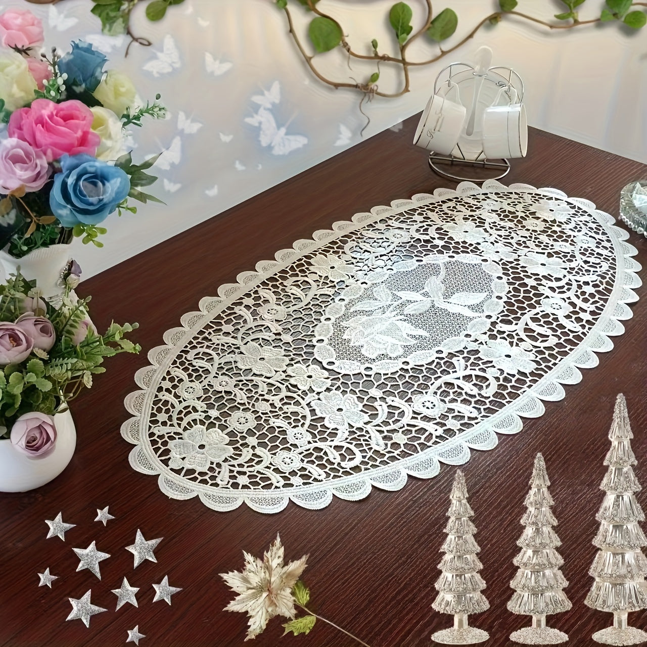 Polyester placemats with white lace embroidery, Nordic-style table decoration mat for coffee table, household bowl or plate decor, enhancing home decoration.