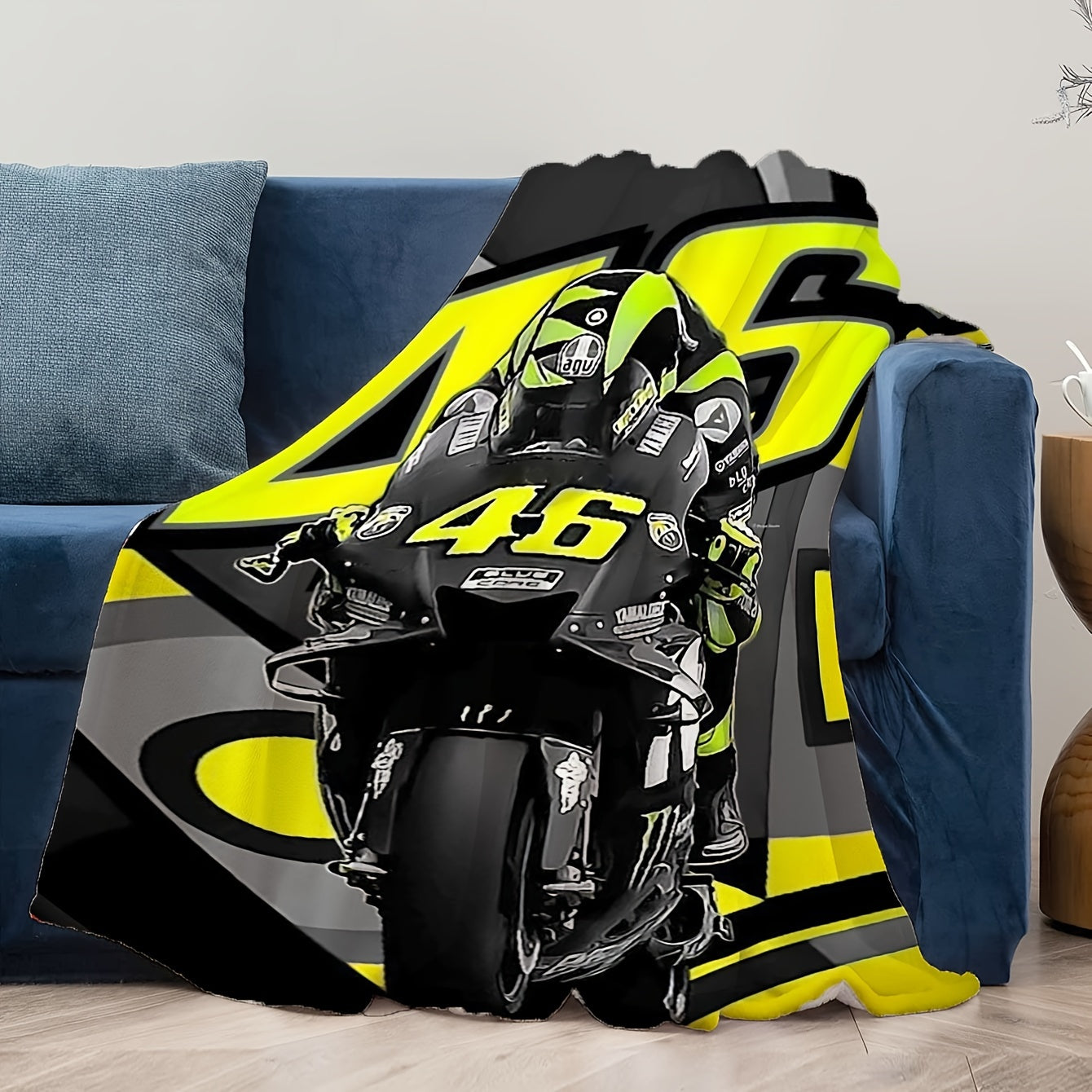 Soft, machine-washable throw blanket featuring a stylish motorcycle print. Ideal gift for bikers and enthusiasts, perfect for use on couches, beds, office naps, camping, and travel.