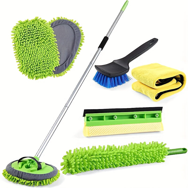 Car Wash Brush Set with Long Handle - 10 pieces - Microfiber - Scratch-Free Cleaning Kit for Cars, Trucks, RVs & Boats - Includes Chenille Mop Mitt, Wheel Brush, Window Squeegee, and Drying Towels - Car Cleaning Accessories