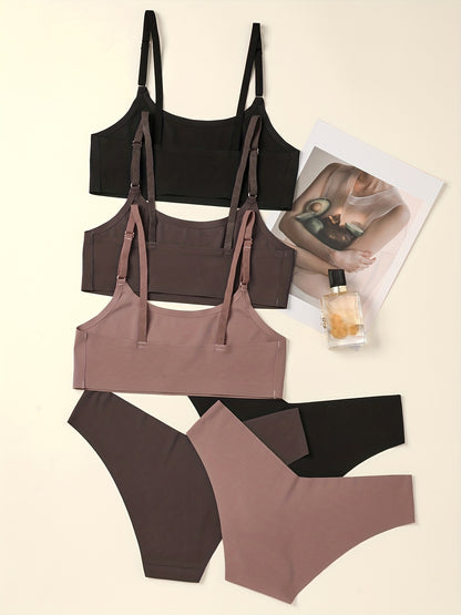 Three-piece set of simple solid bra and panties, featuring a soft full-coverage bra and seamless panties, ideal for women's lingerie and underwear.