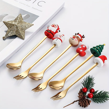 Christmas-themed stainless steel cutlery set includes 4 or 6 pieces in a gift box, featuring Santa, Christmas tree, and reindeer figurine designs. Perfect for serving desserts, cakes, fruit, and coffee during the holiday season. Great gift idea for