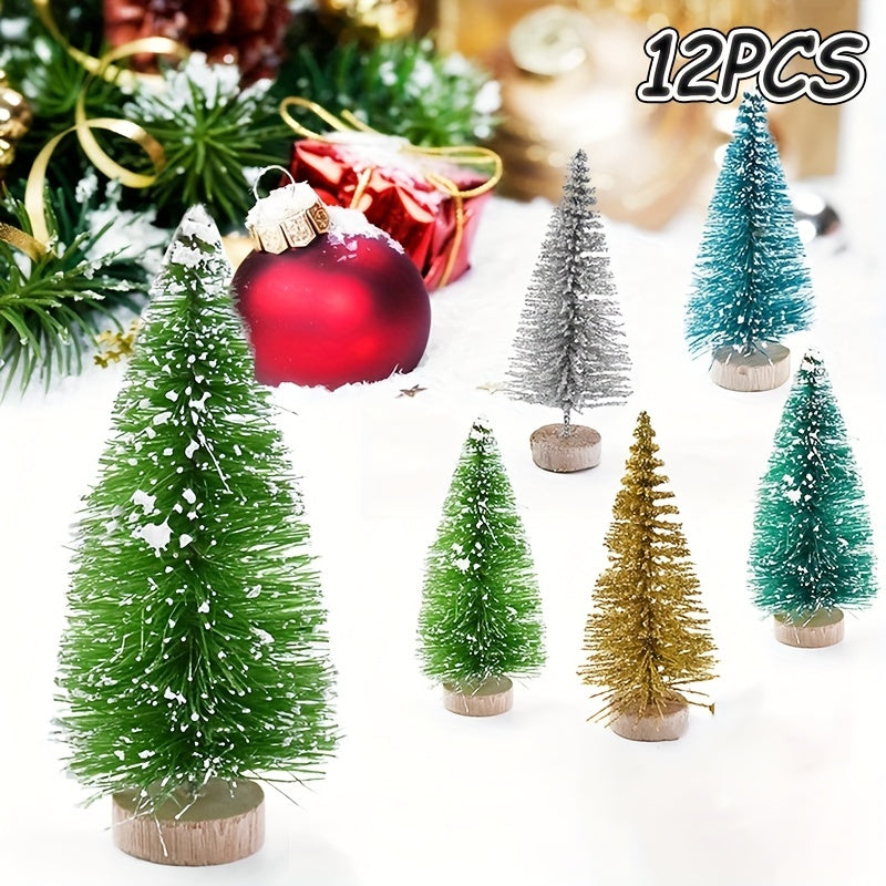 12 mini Christmas tree decorations, including fir and pine trees, for tabletop and home decor. Perfect for New Year's festivities and winter-themed parties. Ideal for creating a festive atmosphere in any room.