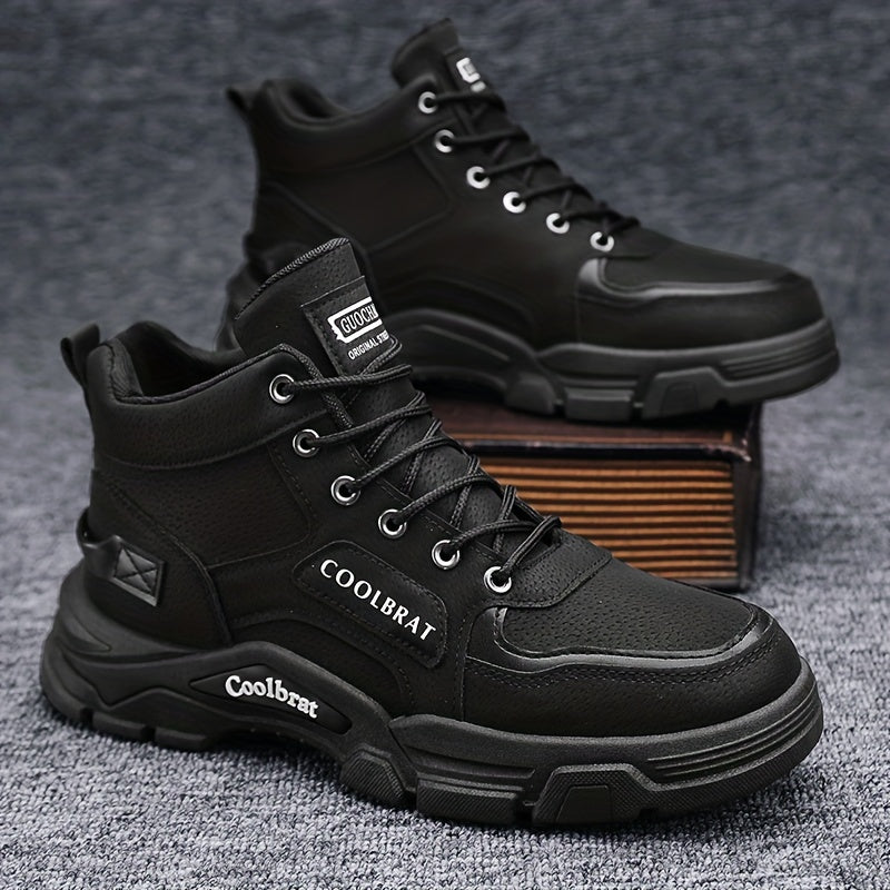 Men's high-top work boots by Coolbrat, durable and non-slip with reinforced PVC sole. Ideal for outdoor and casual wear, beige with mesh lining. Suitable for hiking and modern casual style.