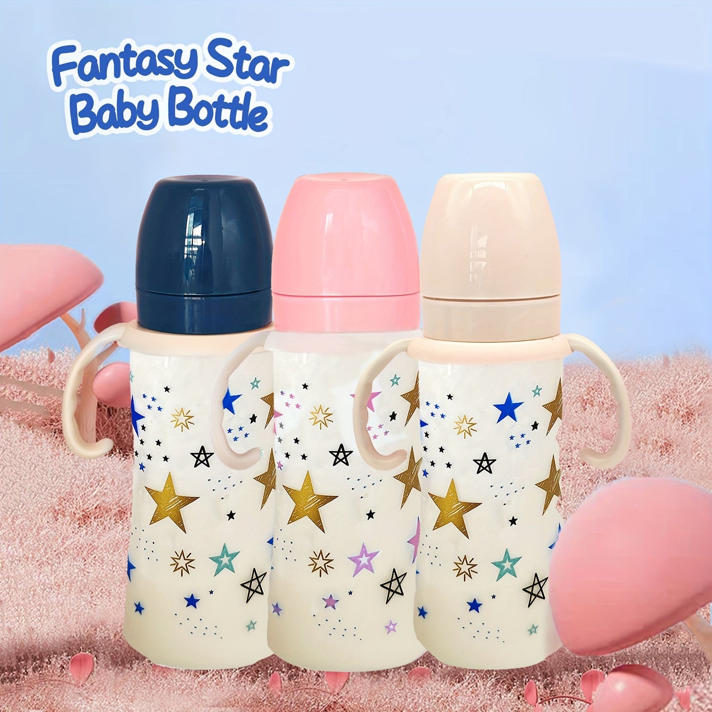 330ml Large Capacity Bottle with Wide Diameter, Handles, and Fall Resistant PP Material. Featuring a Cartoon Star Pattern, this is a Feeding Bottle ideal for Babies.