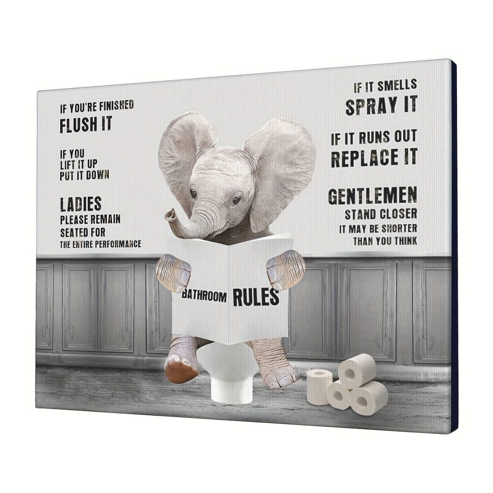 Elephant Bathroom Wall Art Funny Elephant Toilet Bathroom Picture Canvas Painting in Black and White. Perfect for Bathroom Rules Decor. Farmhouse Frame Artwork for an Interesting Touch in any Room - Bedroom, Kitchen, Living Room, Bathroom, Hotel, Coffee