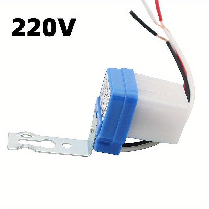 AS-10 Automatic Photocell Light Switch with 10A capacity, suitable for 110V/220V. Automatically turns lights on/off. Blue with white terminals. Ideal for outdoor street lights. Features