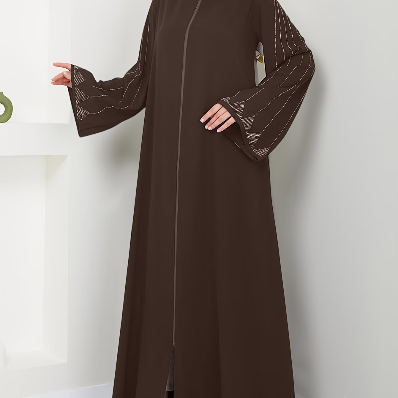 Brown rhinestone-embellished loose fit dress for Muslim women's fashion