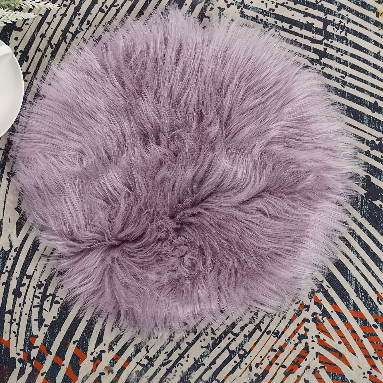 Purple Gray Imitation Hair Round Cushion - Small size, perfect for decorating your living room sofa, floating window, or dressing chair. Measures 15.7 inches by 15.7 inches.