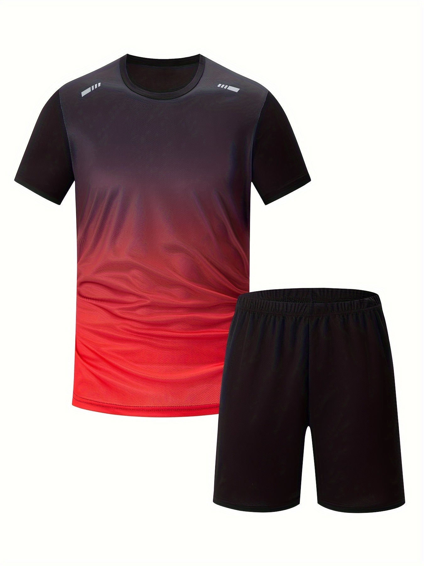 Men's casual sportswear set with gradient short sleeve t-shirt and solid elastic waist shorts for summer sports.