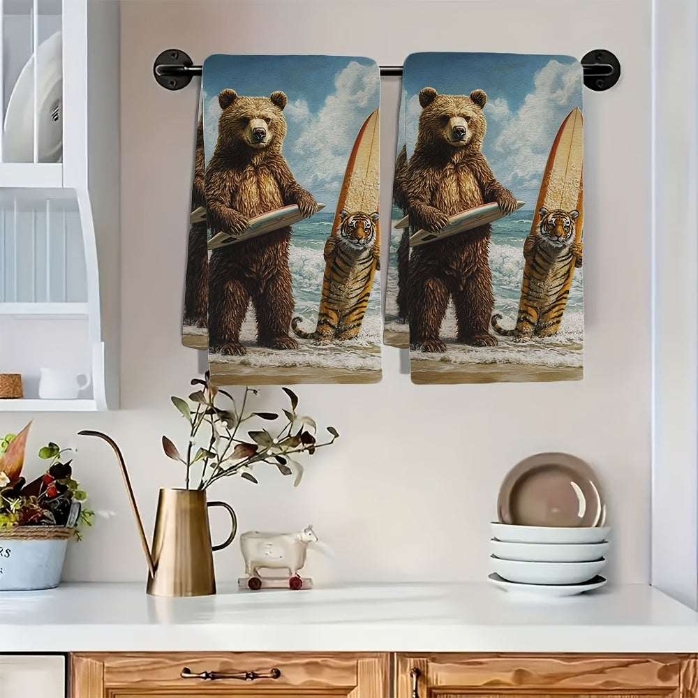 Get your hands on 2 pieces of ultra soft kitchen towels featuring fun Surfer Bear and Tiger designs. These highly absorbent dish hand towels are perfect for holiday decor. They are machine washable and each towel measures 16x24 inches. Item number