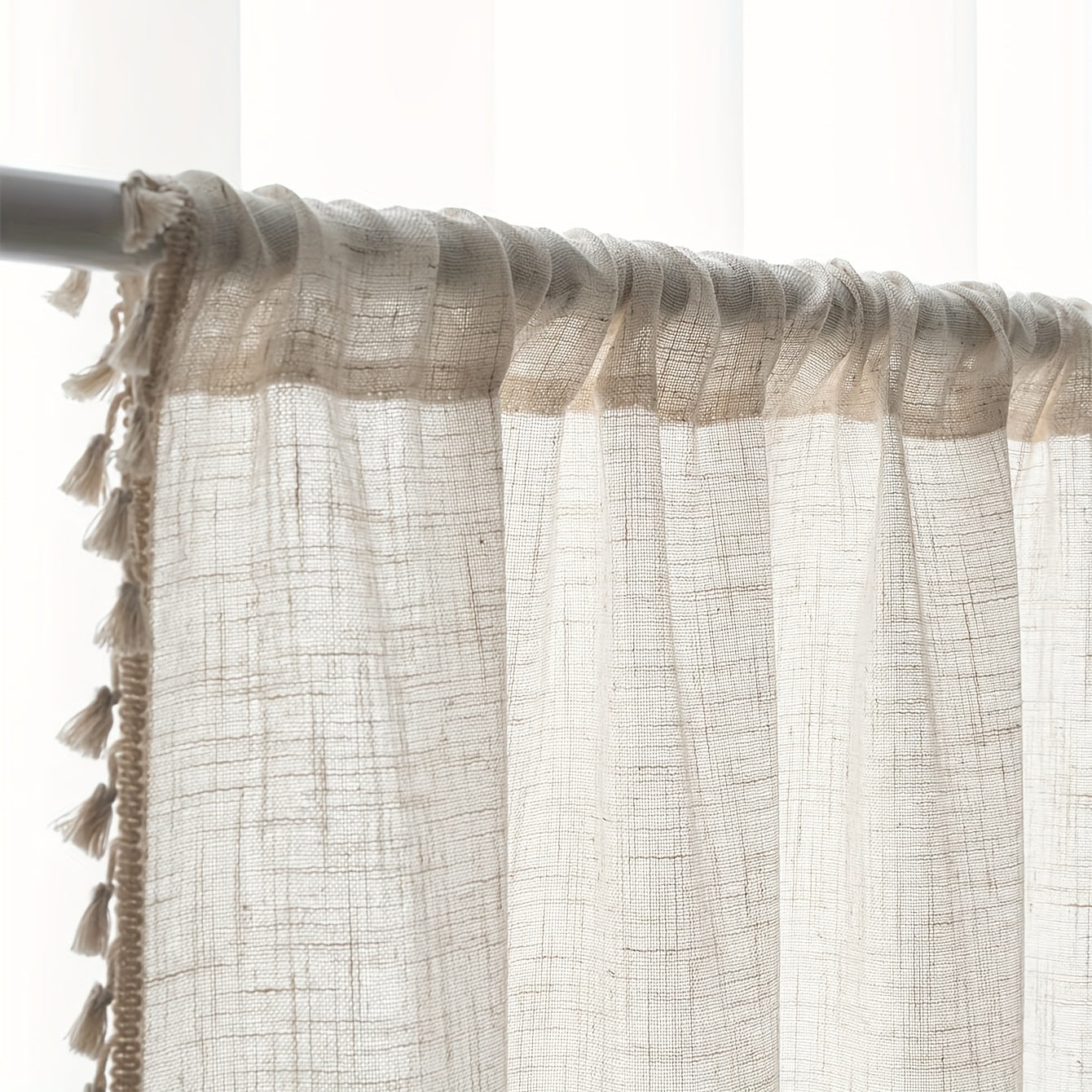 Beige lace linen sheer curtain with tassels, perfect for adding a touch of elegance to your bedroom, office, kitchen, living room, study, or home decor. Features a rod pocket for easy hanging.