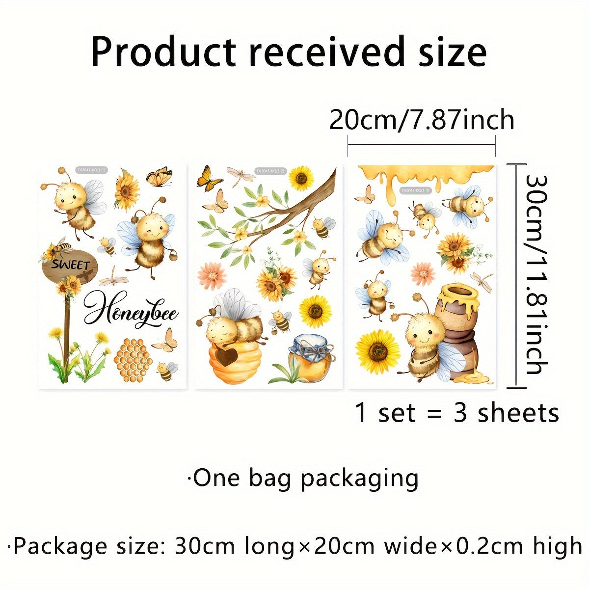 A collection of 3 pieces of 20x30cm Spring-themed decorations featuring bees, honey jars, butterflies, sunflowers, and electrostatic window stickers.