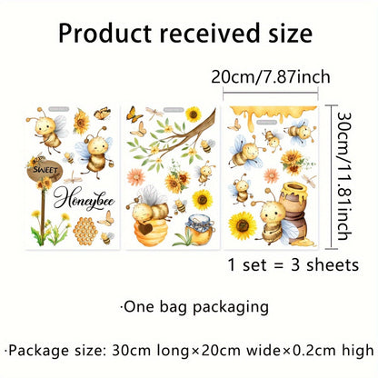 A collection of 3 pieces of 20x30cm Spring-themed decorations featuring bees, honey jars, butterflies, sunflowers, and electrostatic window stickers.