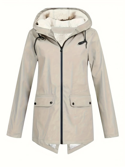 Women's plus size solid zip front warm coat with hooded long sleeves for fall and winter.