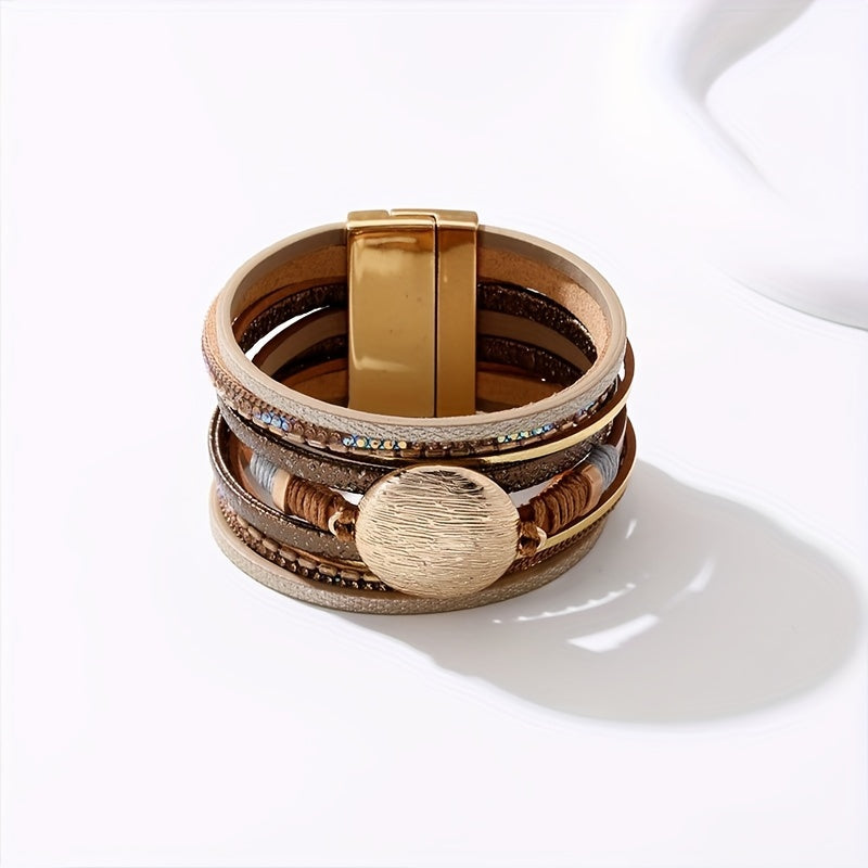 In daily life and on holidays, accessorize with a vintage Bohemian style multi-layered PU leather bracelet featuring a magnetic buckle.