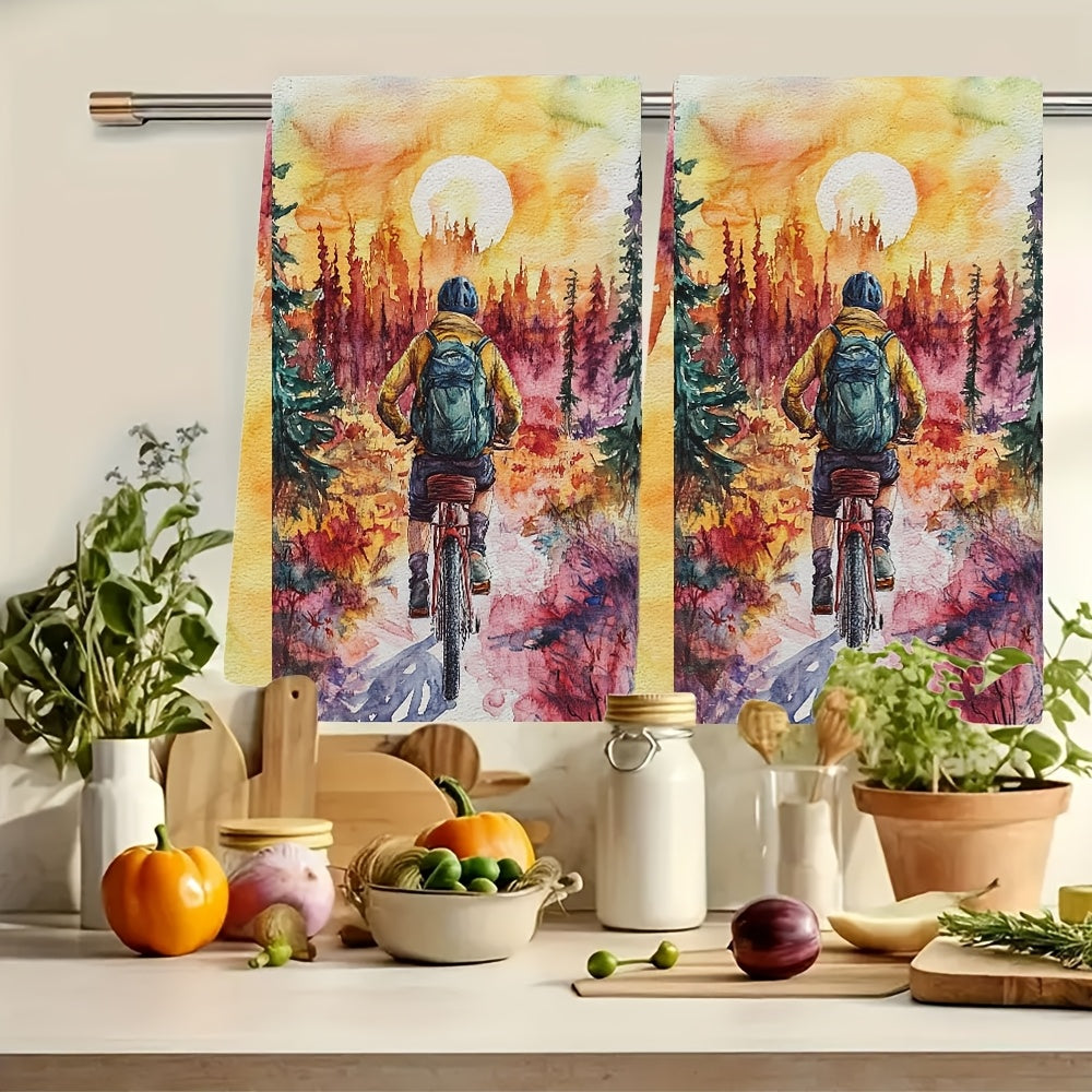 Set of 2 Ultra Soft Kitchen Towels featuring a Vibrant Bicycle Adventure Design, with High Absorbency and Machine Washable properties. Each towel measures 40.64x60.96 cm - Perfect for Holiday Decor. The Sunset Landscape Print adds a charming touch to