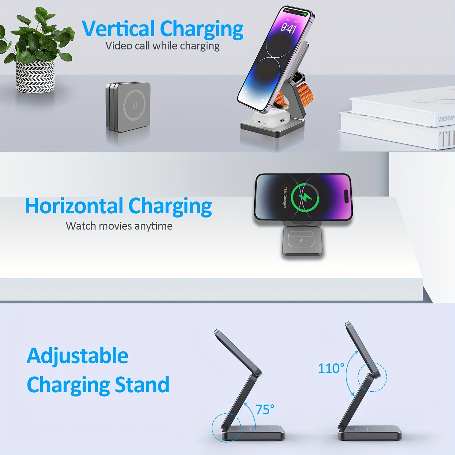 3-in-1 fast wireless charger for iPhone 15 14 13 Pro Plus Pro Max, with magnetic foldable design. Includes 5W portable charger for Apple Watch 9 8 7 6 5 and Airpods.