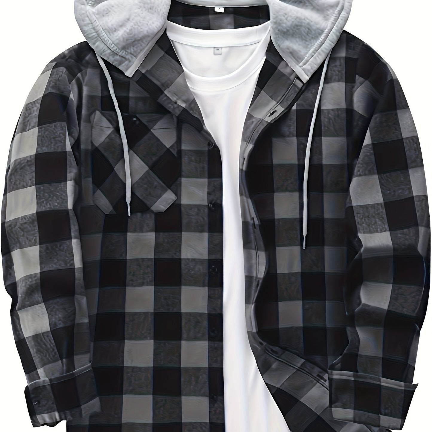 Men's plaid hooded shirt in polyester blend (70% Polyester, 30% Rayon) with non-stretch fabric, loose fit, button details. Great for spring/fall, can be layered under a jacket or worn as a