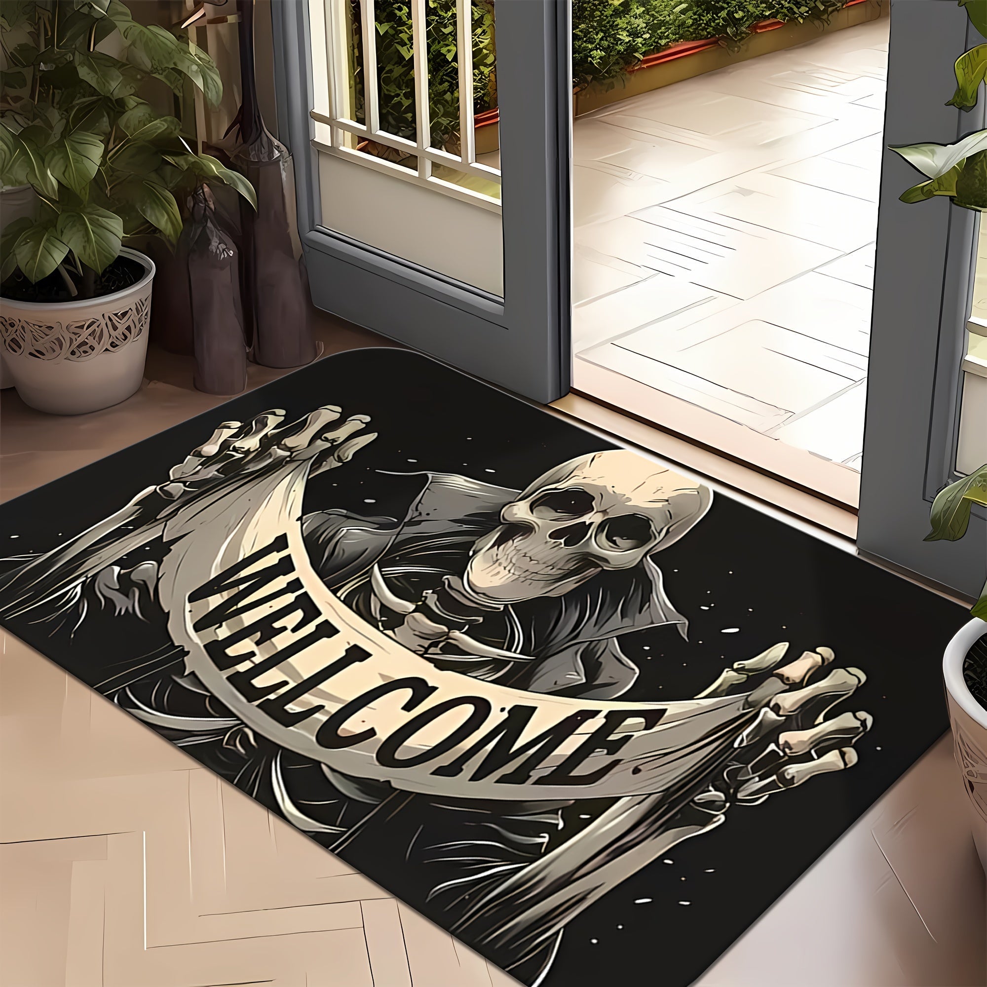 Enhance your home decor with the Halloween Skull Welcome Door Mat. This non-slip, easy-to-clean, stain-resistant rug is made of machine washable flannel memory foam and perfect for use in the bathroom, living room, bedroom, kitchen, office, or vacation