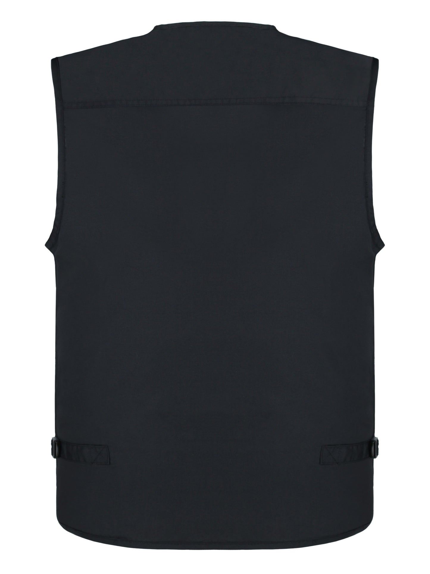 Black polyester blend men's plus size lightweight cargo vest with multiple pockets and zipper for outdoor activities. Perfect for spring/summer, photography, fishing, hunting, and travel.