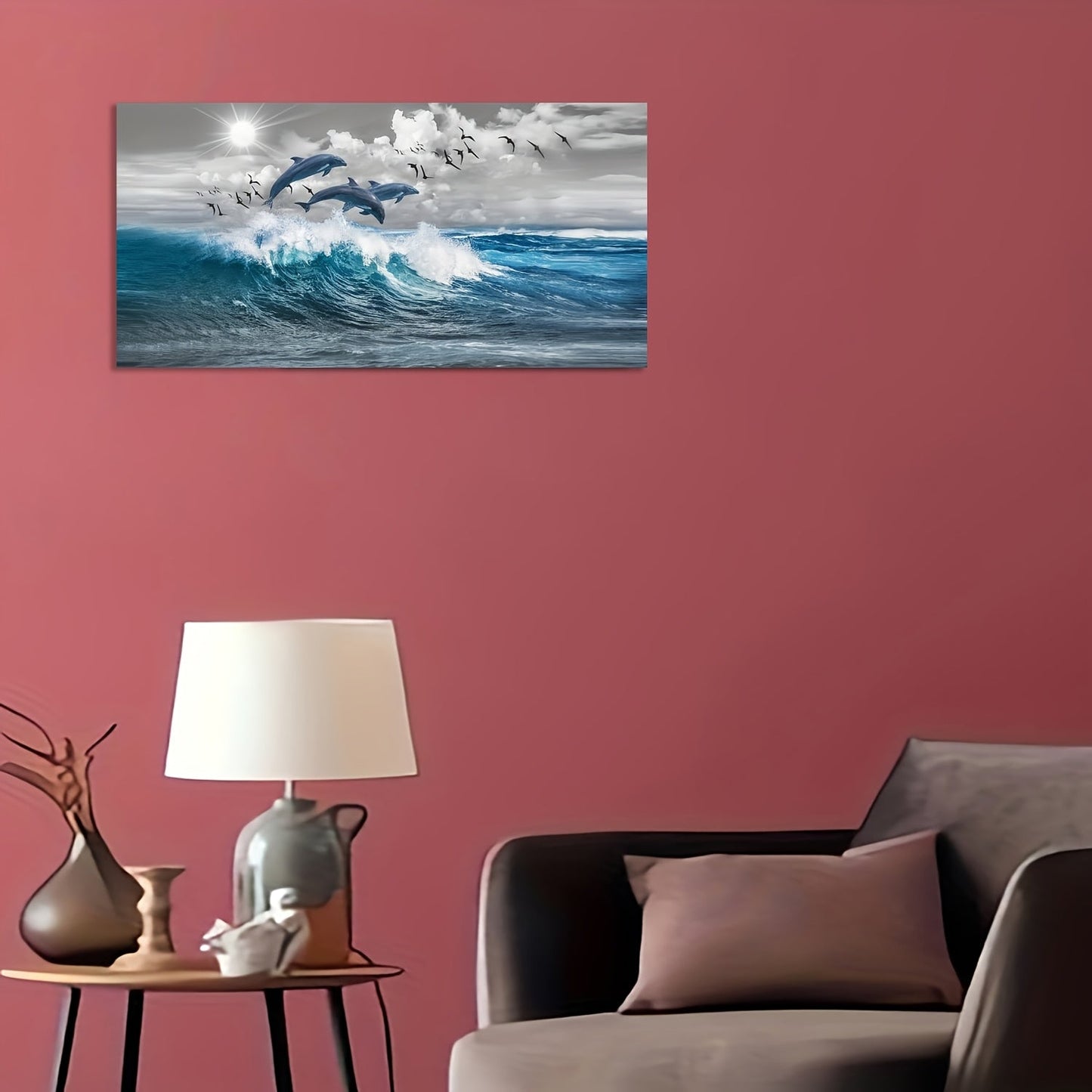 Canvas wall decoration for living room or bedroom featuring a modern blue wave design with dolphins. This large canvas art print measures 12 x 24 inches (30.64 x 60.96 cm) and comes frameless for a sleek and contemporary look. Perfect for adding a touch