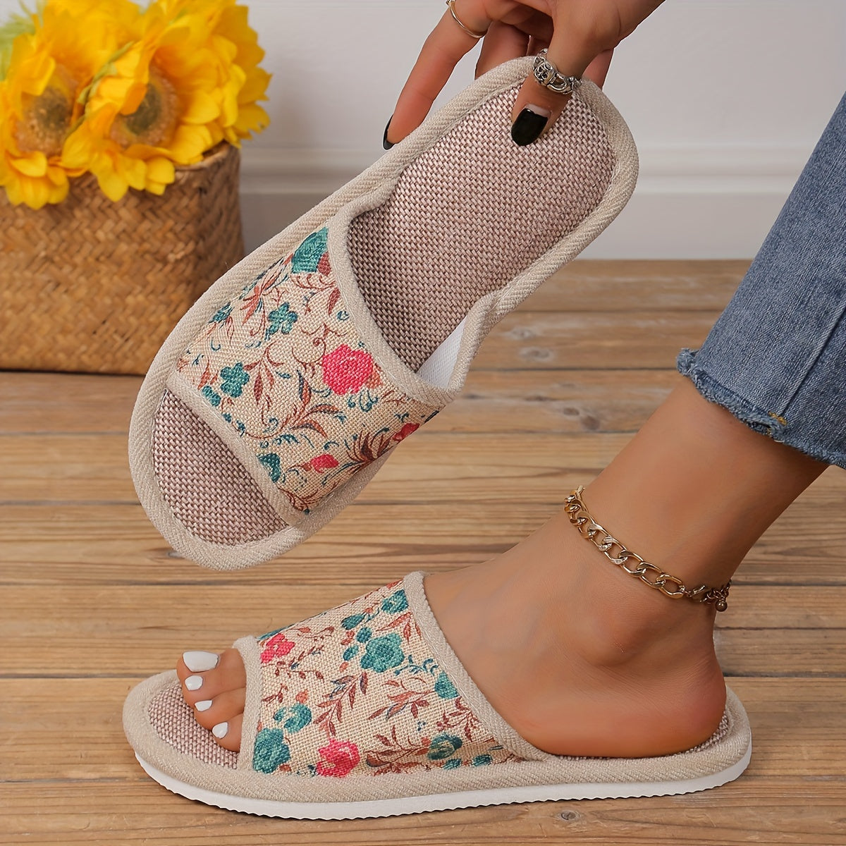 Women's Floral Pattern Linen Slippers - Breathable, Soft, and Comfy Indoor Shoes