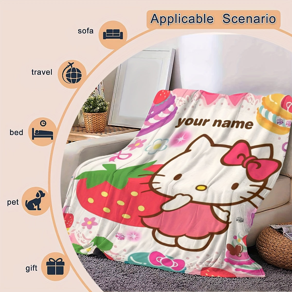 Decorate your space with this adorable Cartoon Hello Kitty Customized Blanket! Made from soft and cozy flannel, this blanket is perfect for keeping you warm and comfortable in any season. It's also a great gift idea for Hello Kitty fans. Add a touch of