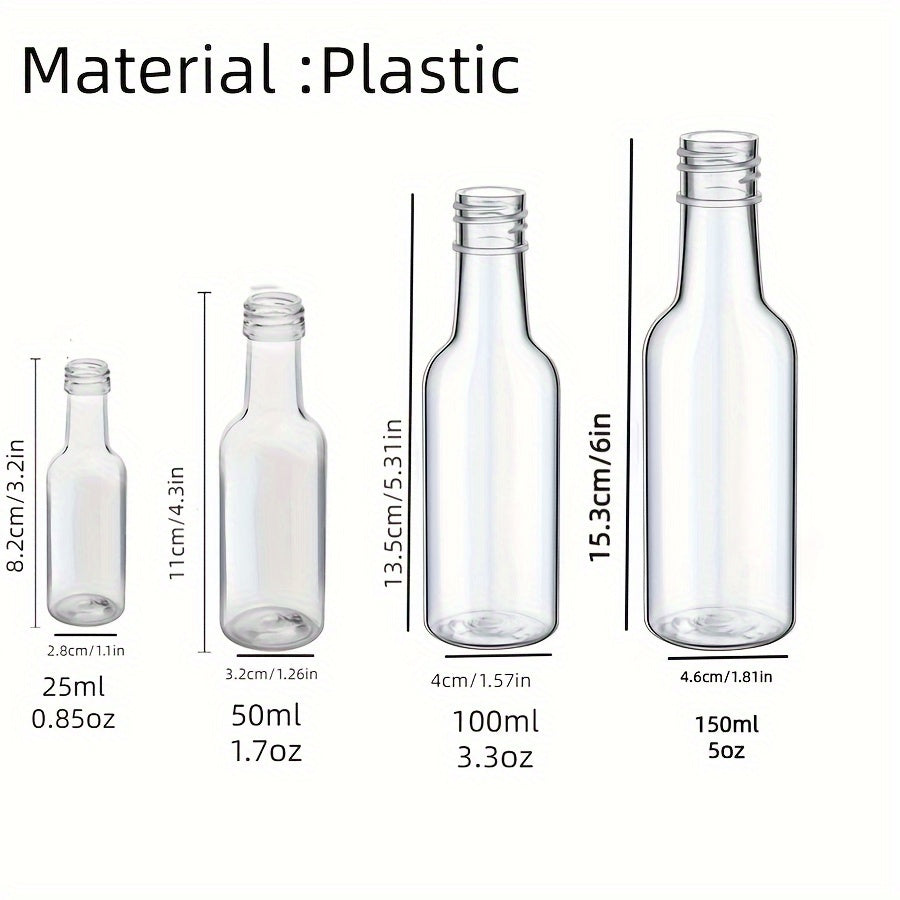 50 reusable plastic mini liquor bottles in 0.85oz and 1.7oz sizes, perfect for weddings and birthdays. Ideal for alcohol, juice, wine, or hot sauce.