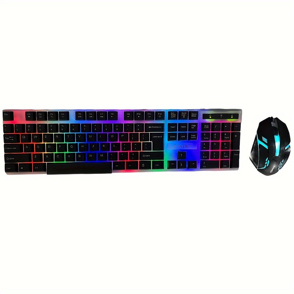 LED-lit wired keyboard and mouse set with mechanical feel for gaming and office use.