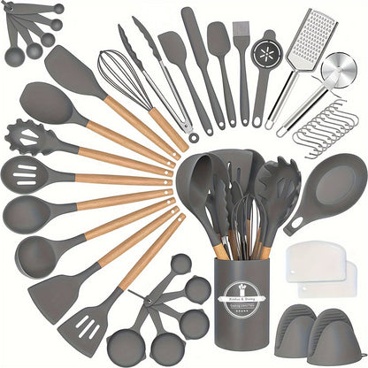 Set of 43 Silicone Cooking Utensils with Wooden Handle - Non-Stick and Heat Resistant Spatula Set for Baking, Cooking, and Mixing. Includes Holder for Best Kitchen Gadgets and Accessories.